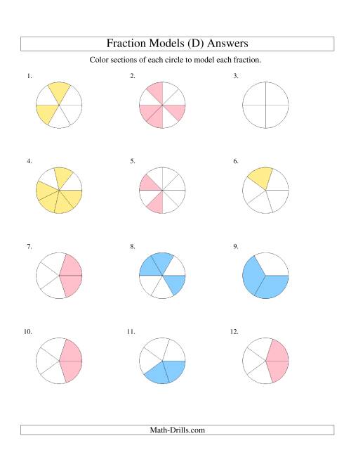 The Modeling Fractions with Circles by Coloring -- Halves to Eighths (D) Math Worksheet Page 2