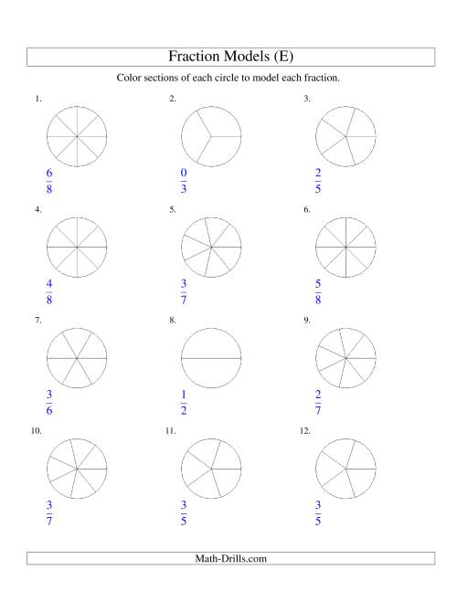 The Modeling Fractions with Circles by Coloring -- Halves to Eighths (E) Math Worksheet