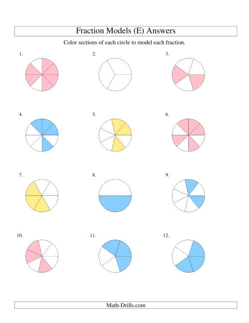 The Modeling Fractions with Circles by Coloring -- Halves to Eighths (E) Math Worksheet Page 2
