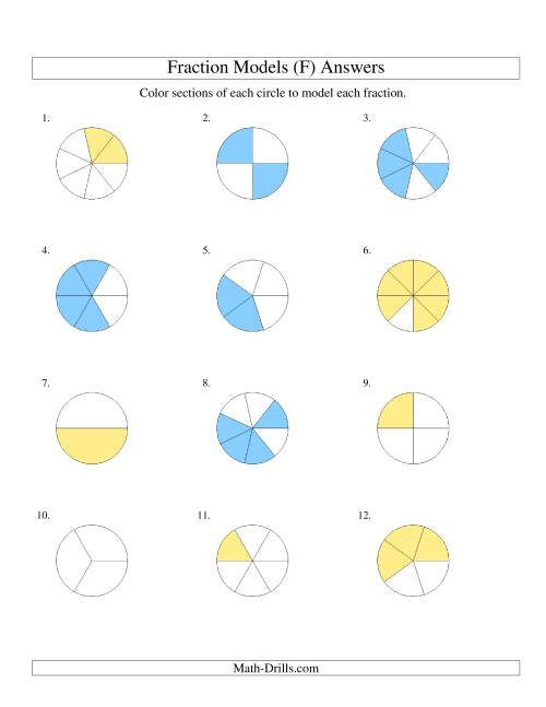 The Modeling Fractions with Circles by Coloring -- Halves to Eighths (F) Math Worksheet Page 2