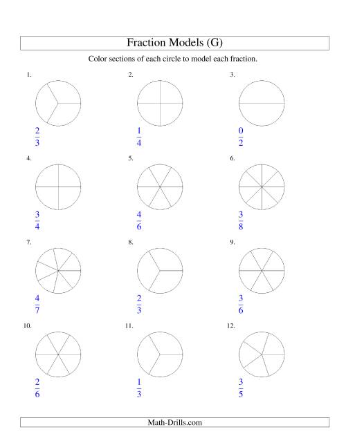 The Modeling Fractions with Circles by Coloring -- Halves to Eighths (G) Math Worksheet