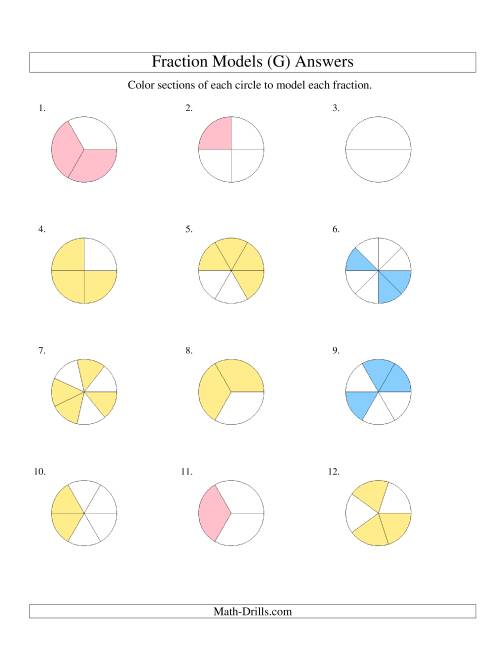 The Modeling Fractions with Circles by Coloring -- Halves to Eighths (G) Math Worksheet Page 2