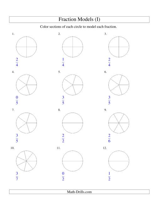The Modeling Fractions with Circles by Coloring -- Halves to Eighths (I) Math Worksheet