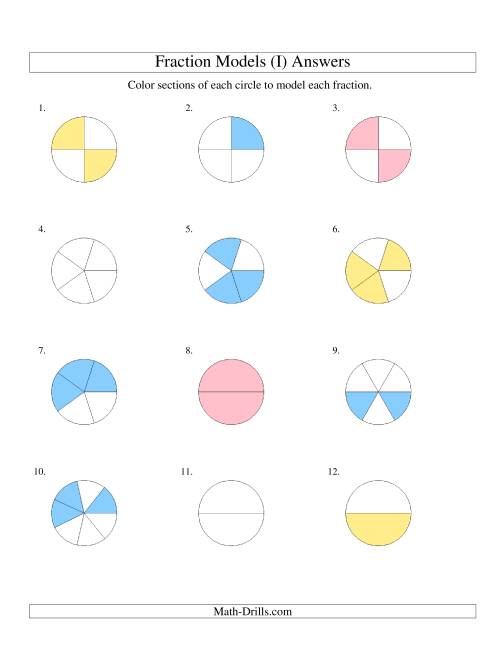 The Modeling Fractions with Circles by Coloring -- Halves to Eighths (I) Math Worksheet Page 2