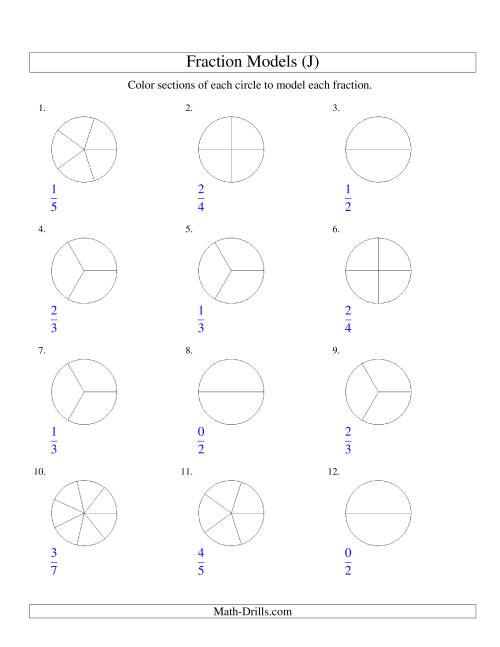 The Modeling Fractions with Circles by Coloring -- Halves to Eighths (J) Math Worksheet
