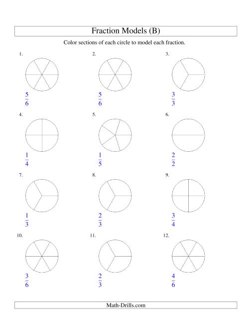 The Modeling Fractions with Circles by Coloring -- Halves to Sixths (B) Math Worksheet