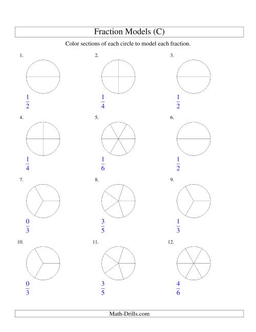 The Modeling Fractions with Circles by Coloring -- Halves to Sixths (C) Math Worksheet