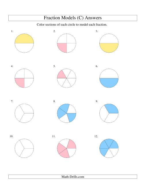The Modeling Fractions with Circles by Coloring -- Halves to Sixths (C) Math Worksheet Page 2