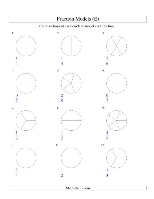 The Modeling Fractions with Circles by Coloring -- Halves to Sixths (E) Math Worksheet