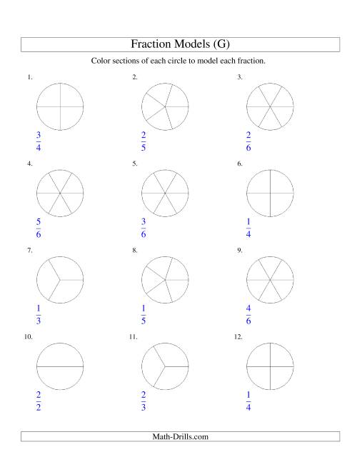 The Modeling Fractions with Circles by Coloring -- Halves to Sixths (G) Math Worksheet