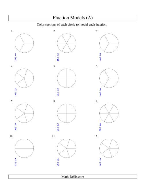 The Modeling Fractions with Circles by Coloring -- Halves to Sixths (All) Math Worksheet