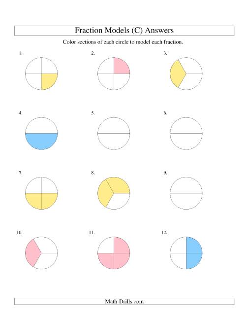 The Modeling Fractions with Circles by Coloring -- Halves to Fifths (C) Math Worksheet Page 2