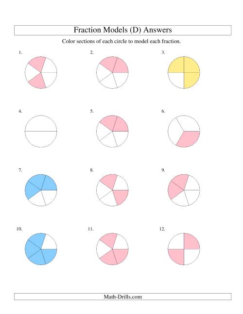 The Modeling Fractions with Circles by Coloring -- Halves to Fifths (D) Math Worksheet Page 2