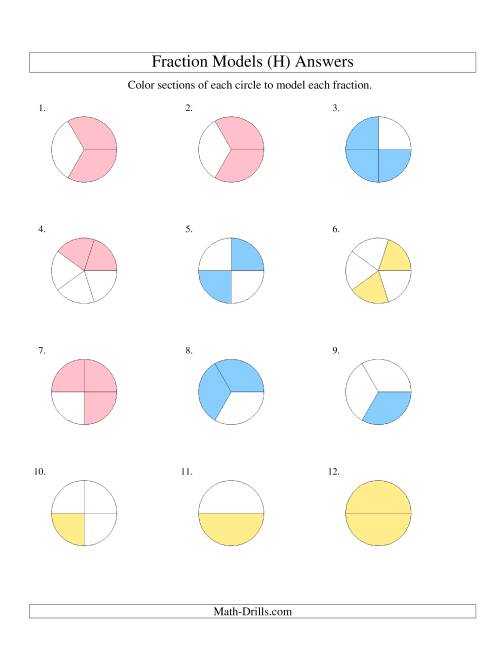 The Modeling Fractions with Circles by Coloring -- Halves to Fifths (H) Math Worksheet Page 2