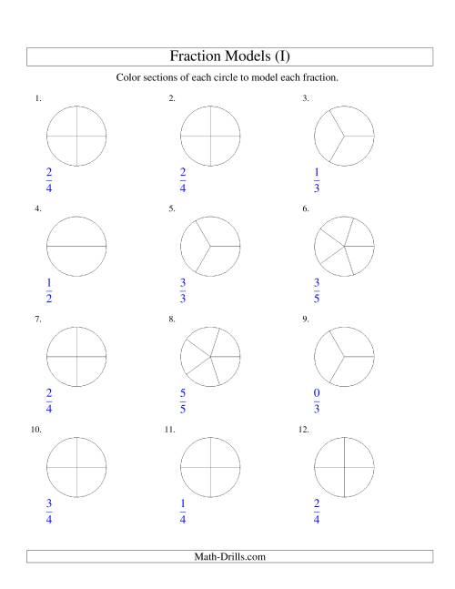 The Modeling Fractions with Circles by Coloring -- Halves to Fifths (I) Math Worksheet