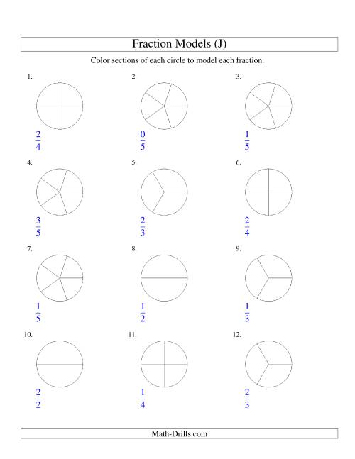 The Modeling Fractions with Circles by Coloring -- Halves to Fifths (J) Math Worksheet