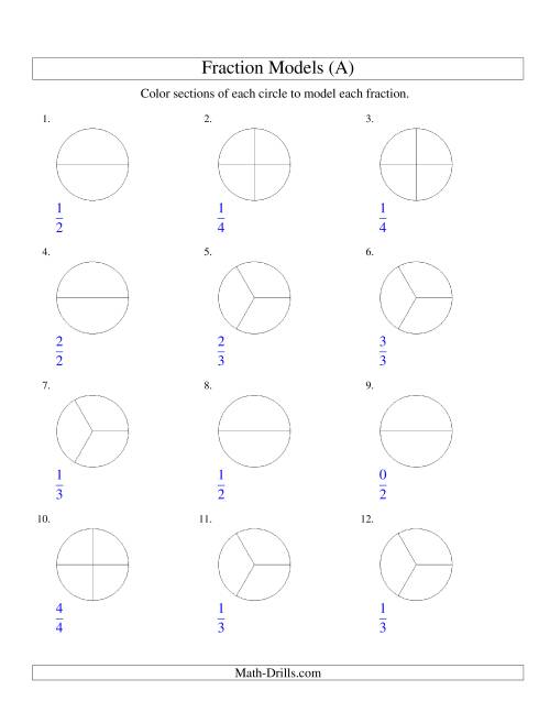 The Modeling Fractions with Circles by Coloring -- Halves,  Thirds and Quarters (A) Math Worksheet