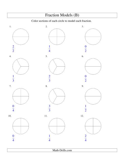 The Modeling Fractions with Circles by Coloring -- Halves,  Thirds and Quarters (B) Math Worksheet