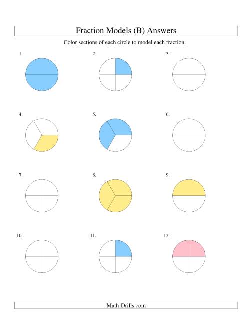 The Modeling Fractions with Circles by Coloring -- Halves,  Thirds and Quarters (B) Math Worksheet Page 2