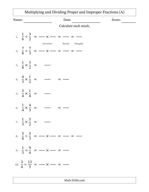The Multiplying and Dividing Proper and Improper Fractions with Some Simplifying (Fillable) (A) Math Worksheet