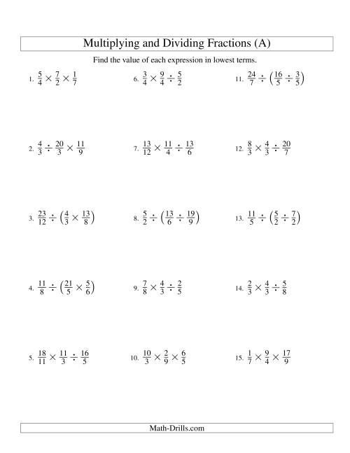 The Multiplying and Dividing Fractions with Three Terms (A) Math Worksheet