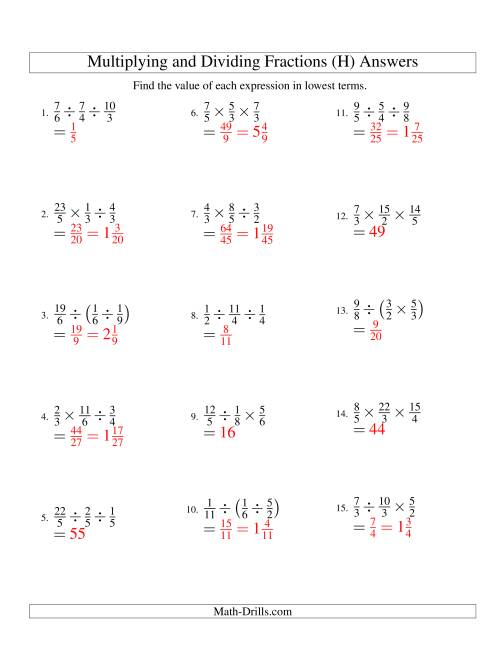 The Multiplying and Dividing Fractions with Three Terms (H) Math Worksheet Page 2