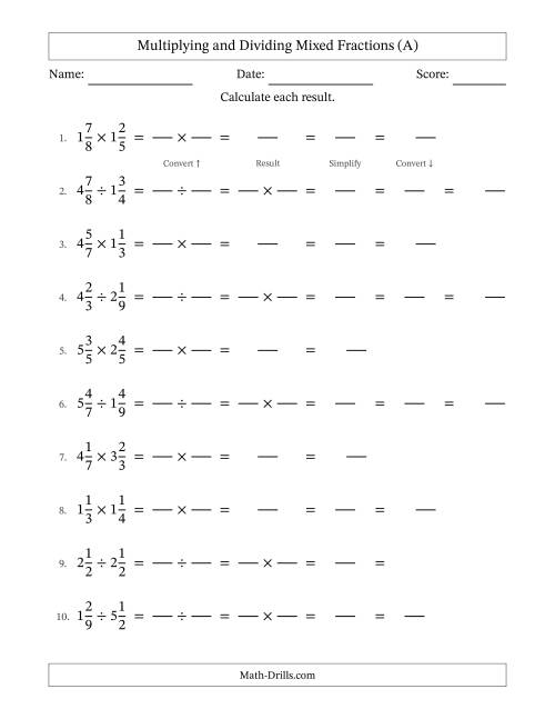 The Multiplying and Dividing Two Mixed Fractions with Some Simplifying (Fillable) (A) Math Worksheet