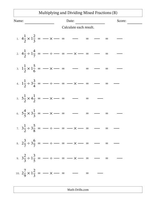 The Multiplying and Dividing Two Mixed Fractions with Some Simplifying (Fillable) (B) Math Worksheet