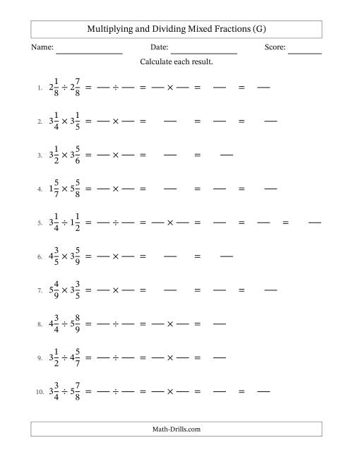 The Multiplying and Dividing Two Mixed Fractions with Some Simplifying (Fillable) (G) Math Worksheet