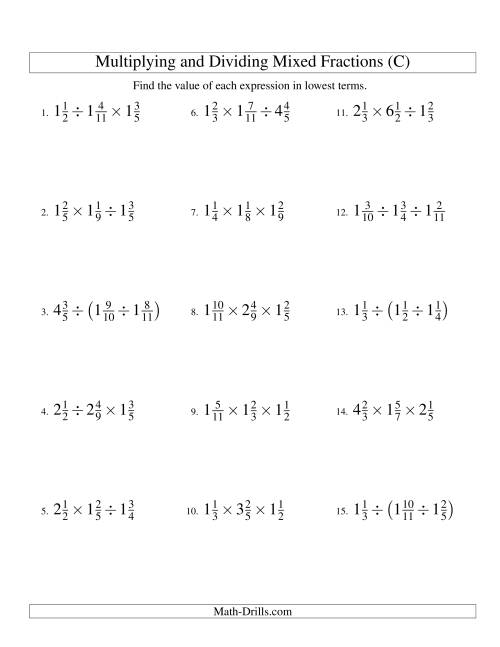 The Multiplying and Dividing Mixed Fractions with Three Terms (C) Math Worksheet