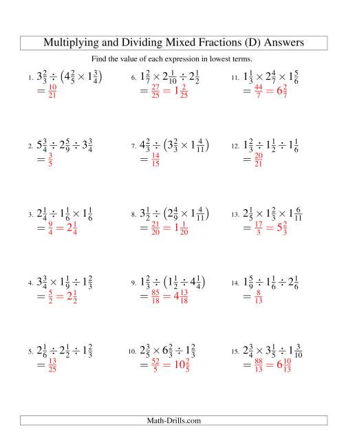 Multiplying and Dividing Mixed Fractions with Three Terms (D)