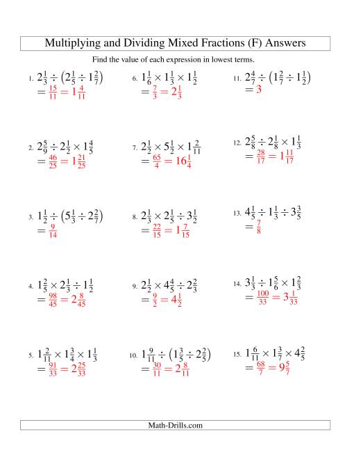 The Multiplying and Dividing Mixed Fractions with Three Terms (F) Math Worksheet Page 2
