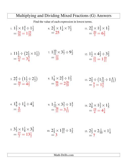The Multiplying and Dividing Mixed Fractions with Three Terms (G) Math Worksheet Page 2