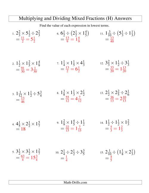 The Multiplying and Dividing Mixed Fractions with Three Terms (H) Math Worksheet Page 2