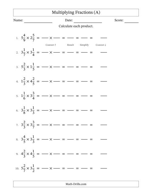 The Multiplying Two Mixed Fractions with All Simplifying (Fillable) (A) Math Worksheet