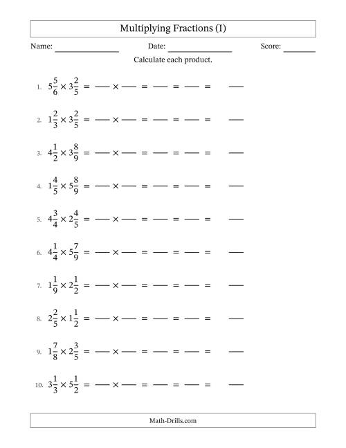The Multiplying Two Mixed Fractions with All Simplification (Fillable) (I) Math Worksheet