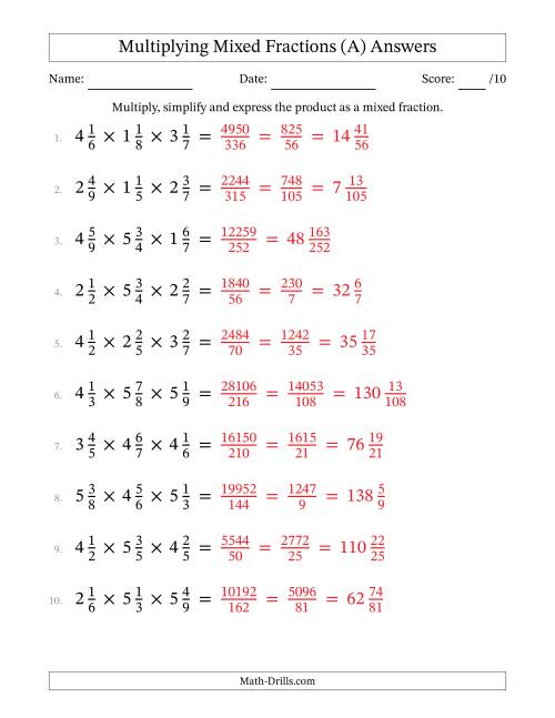 The Multiplying 3 Mixed Fractions (A) Math Worksheet Page 2