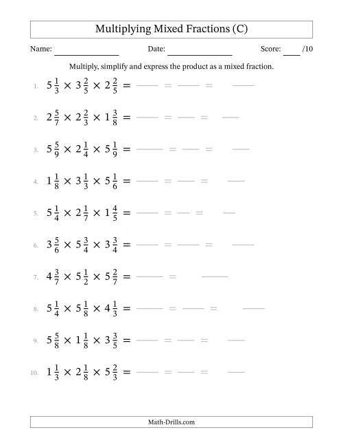The Multiplying 3 Mixed Fractions (C) Math Worksheet