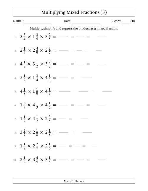 The Multiplying 3 Mixed Fractions (F) Math Worksheet