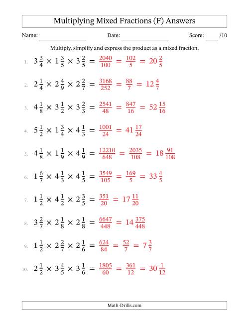 The Multiplying 3 Mixed Fractions (F) Math Worksheet Page 2