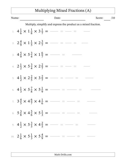The Multiplying 3 Mixed Fractions (All) Math Worksheet