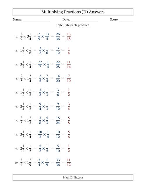 Multiplying and Simplifying Fractions with Some Mixed Fractions (D)