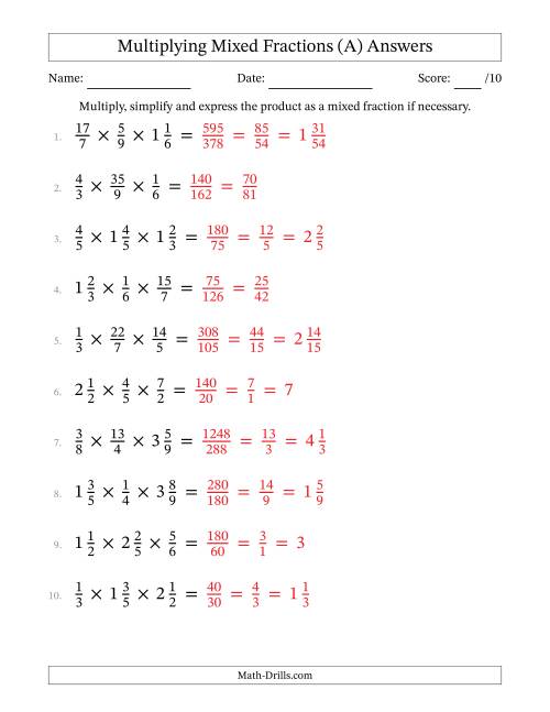 Multiplying Proper, Improper And Mixed Fractions (3 Factors) (A)