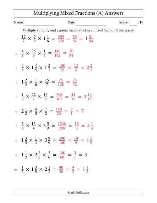 The Multiplying Proper, Improper and Mixed Fractions (3 Factors) (A) Math Worksheet Page 2