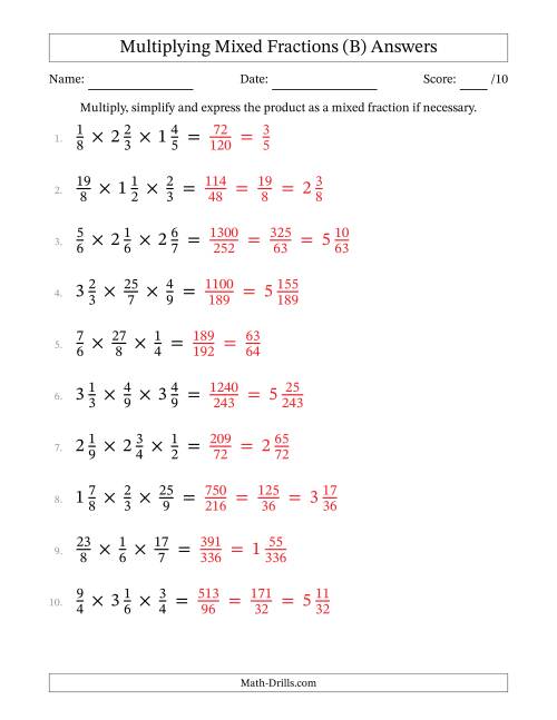 The Multiplying Proper, Improper and Mixed Fractions (3 Factors) (B) Math Worksheet Page 2
