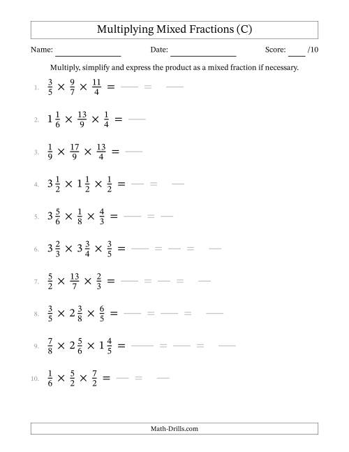 Multiplying Proper, Improper and Mixed Fractions (3 Factors) (C)