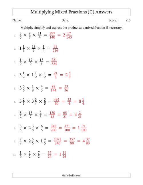 The Multiplying Proper, Improper and Mixed Fractions (3 Factors) (C) Math Worksheet Page 2