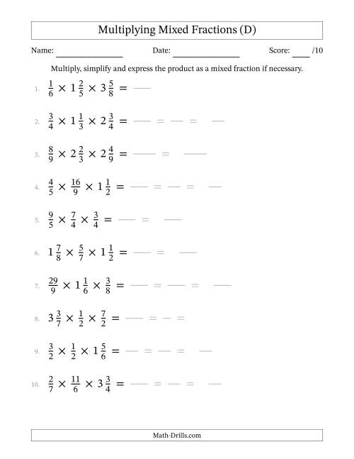 The Multiplying Proper, Improper and Mixed Fractions (3 Factors) (D) Math Worksheet