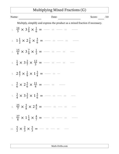 The Multiplying Proper, Improper and Mixed Fractions (3 Factors) (G) Math Worksheet