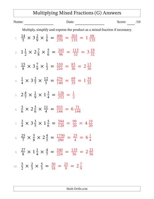 The Multiplying Proper, Improper and Mixed Fractions (3 Factors) (G) Math Worksheet Page 2